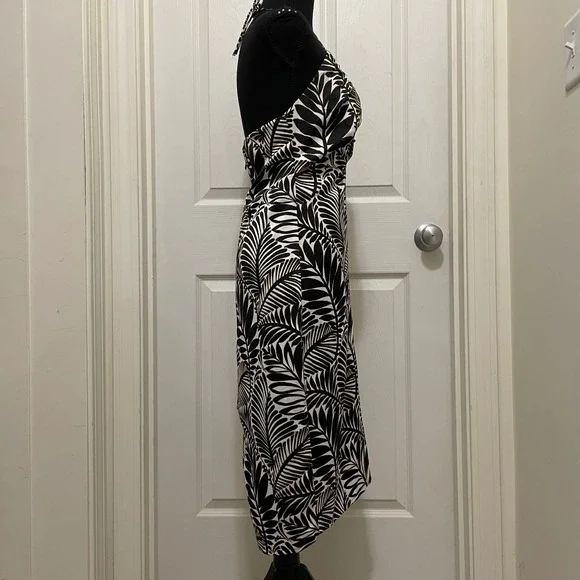 Avec Les Filles Halter Midi Dress Palm Leaf Tropical Size 10 Satin Black Gold - Picture 3 of 13